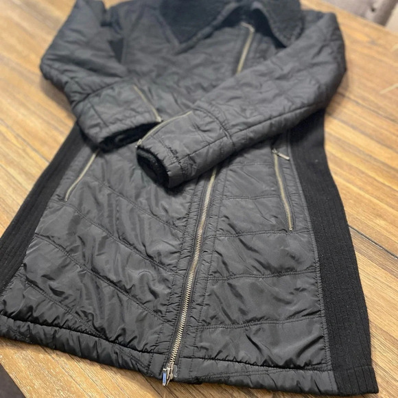 prAna Diva Quilted Sherpa Lined Long Jacket Size XS Black Asymmetrical Zip - Picture 11 of 11